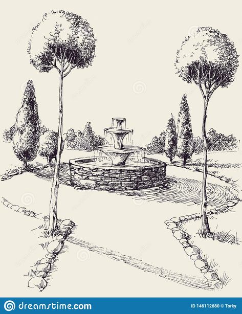 Garden Alley, Fountain Park, Landscape Architecture Graphics, Park Square, Pop Art Drawing, Nature Art Drawings, Scene Drawing, Art Sketches Doodles, Art Painting Tools