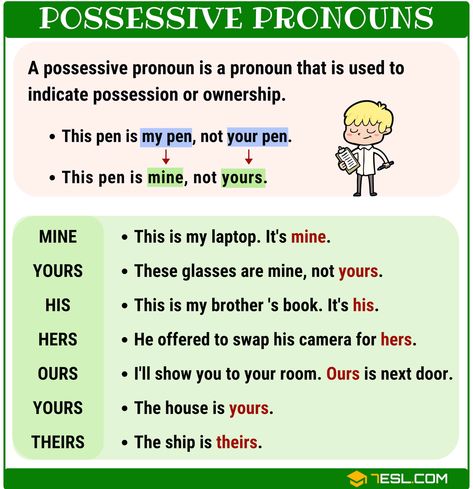 What Is A Possessive Pronoun? List and Examples of Possessive Pronouns 2 Pronouns List, Types Of Pronouns, Pronoun Grammar, Pronoun Examples, English Pronouns, Possessive Adjectives, English Grammar For Kids, Nouns And Pronouns, Possessive Pronoun