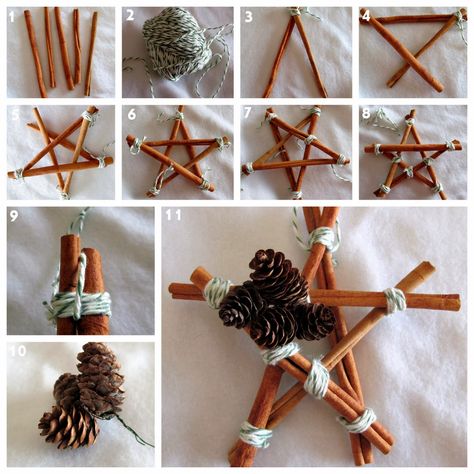 Make your very own Cinnamon Stick Stars! Great craft for the kids. Put them on your Christmas tree or give as gifts! Pagan Christmas Tree Decorations, Traditional Yule Tree Decorations, Witchy Christmas Tree Decorations, Witches Christmas Tree, Diy Art Christmas Gifts, Winter Solstice Kids Crafts, Pagan Yule Tree Decorations, Little Christmas Tree Decorations, Wiccan Christmas Tree