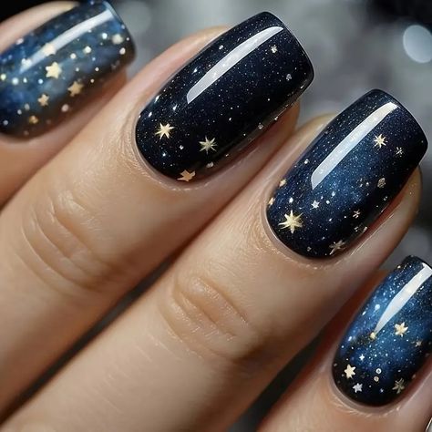 Blue Festive Nails, Galaxy Pedicure, Starry Nail Art, Jan Nail Ideas, Blue Nails With Gold Stars, Night Sky Nail Art, Navy Sparkle Nails, Starry Night Nail Art, Blue Celestial Nails