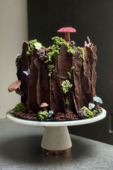 Stump Wedding Cake, Forest Theme Cakes, Moss Cake, Chocolate Soil, Stump Cake, Tree Stump Cake, Nature Cake, Mushroom Cake, Smores Cake