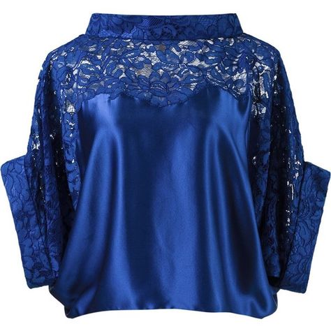 Martha Medeiros Lace Panel Crop Blouse ($1,412) ❤ liked on Polyvore featuring tops, blouses, blusas, blue, short sleeve blouse, lace insert top, crop top, short sleeve tops and blue crop top Latest Blouse Styles, Lace Top Design, Lace Blouse Styles, Short Crop Tops, Lace Insert Top, Ropa Upcycling, Blouse Tops Designs, Stand Collar Blouse, African Blouses