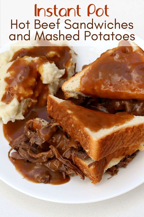 Instant Pot Hot Beef Sandwich and Mashed Potatoes—tender roast beef and brown gravy served over toasted white bread with a side of creamy mashed potatoes. Diner food at home! #instantpot Beef And Mashed Potatoes, Hot Roast Beef Sandwiches, بطاطس مهروسة, Hot Beef Sandwiches, Hot Beef, Beef Sandwich Recipes, Cajun Sausage, Pot Accessories, Pork Sandwiches