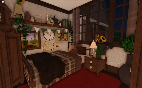 Bloxburg Cozy Interior, Fall Bedroom Decor Bloxburg, Cottagecore Room Bloxburg, Bloxburg Living Room Ideas Cottage Core, Grunge Bloxburg Room, Bloxburg Cabin Interior, Grunge Bloxburg House, Bloxburg Cottage Layout, Bloxburg Cottage House Ideas