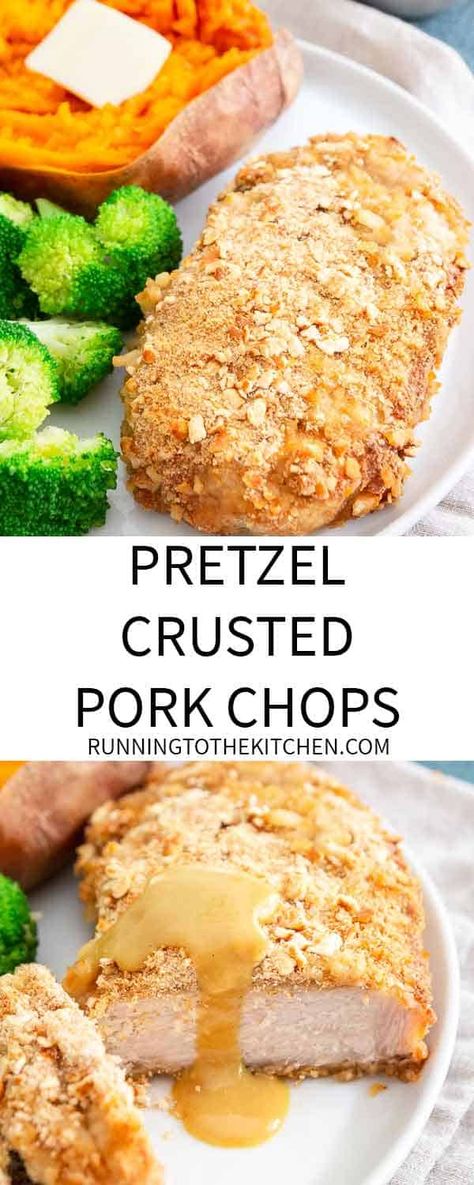 Baked Pretzel Crusted Pork Chops - Easy Baked Pork Dinner Recipe Herb Drinks, Yankee Recipes, Crusted Pork Chops, Slow Cooker Balsamic Chicken, Clean Dinner Recipes, Dijon Sauce, Baked Pretzels, Pork Recipes For Dinner, Easy Vegetable Side Dishes