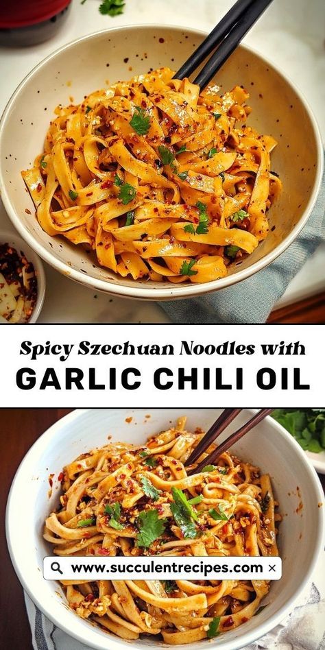 Add a unique twist to your Christmas dinner with these Spicy Szechuan Noodles. Infused with rich garlic chili oil, this dish is perfect for those looking for a flavorful, spicy holiday treat. Peanut Chili Oil Noodles, Recipe With Chili Sauce, Spicy Dinner Ideas, Garlic Chilli Oil Noodles, Spicy Noodle Recipes, Chili Oil Pasta, Spicy Szechuan Noodles, Spicy Chili Garlic Noodles, Spicy Vegetarian Chili