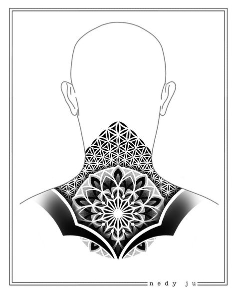 Geometric Back Neck Tattoo, Geometric Back Tattoo Men, Geometric Neck Tattoo Design, Neck Geometric Tattoo, Neck Tattoo Geometric, Mandala Neck Tattoo Men, Geometric Neck Tattoo, Geometric Tattoo Outline, Geometric Tattoo Design Pattern