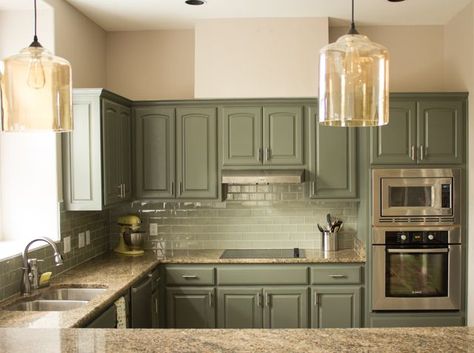 Best Colours for a Basement Kitchen (1 Kitchen, 3 Ways) | Maria Killam | True Colour Expert | Decorator Painted Kitchen Cabinets, Green Kitchen Cabinets, Farmhouse Kitchen Cabinets, Painted Kitchen, Kitchen Cabinets Makeover, Green Cabinets, Grey Kitchens, Kitchen Redo, Kitchen Paint