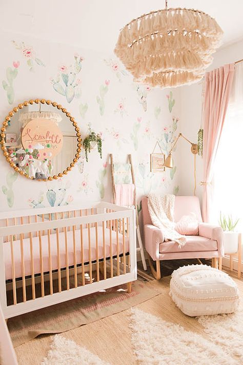 10 Baby Girl Nursery Themes That Are Rising in Popularity - The Greenspring Home Pink Cactus Nursery, Cactus Nursery Girl, Pink Boho Nursery, Romantic Nursery, Cactus Nursery, Nursery Reveal, Baby Nursery Inspiration, Girl Nursery Themes