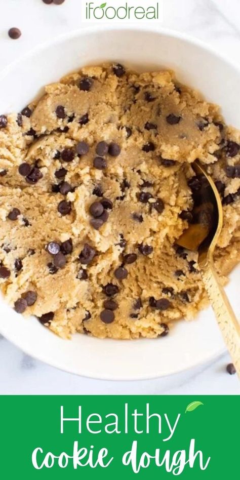 This Healthy Cookie Dough recipe is the answer to all your raw cookie dough cravings! Completely edible, vegan, gluten free, dairy free, and refined sugar free dough loaded with chocolate chips and tastes exactly like the sweet tempting stuff you weren't allowed to eat as a kid! Raw Cookie Dough Recipe, Edible Cookie Dough Healthy, Healthy Cookie Dough Recipe, Vegan Cookie Dough Recipe, Healthy Chocolate Ice Cream, Healthy Oat Cookies, Fruit Crisp Recipe, Gluten Free Cookie Dough, Cookie Dough Recipe