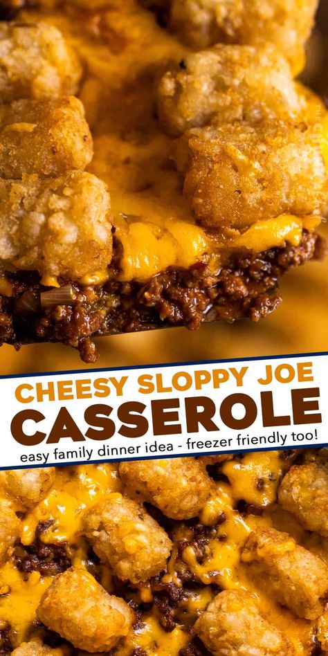 This sloppy joe casserole is a hearty freezer-friendly dinner for the whole family! A rich and saucy homemade sloppy joe layer is topped with cheddar cheese and crispy tater tots, and baked until bubbly and hot. Perfect for a busy weeknight or casual weekend supper! Hashbrown Sloppy Joe Casserole, Manwich Casserole Tater Tots, Cheesy Sloppy Joe Casserole, Sloppy Joe Meal Ideas, Manwhich Casserole Sloppy Joe, Sloppy Joe Tater Tot Casserole Manwich, Sloppy Joe Casserole With Tater Tots, Game Day Casserole Recipes, Leftover Sloppy Joe Recipes