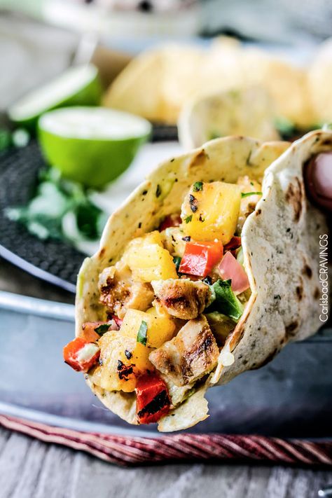 Chili Lime Chicken Tacos with Grilled Pineapple Salsa | http://www.carlsbadcravings.com/chili-lime-chicken-tacos-with-grilled-pineapple-salsa/ Chicken Tacos With Pineapple Salsa, Chili Lime Chicken Tacos, Tacos With Pineapple Salsa, Grilled Pineapple Salsa, Tacos With Pineapple, Lime Chicken Tacos, Chili Lime Chicken, Chicken Taco Recipes, Carlsbad Cravings