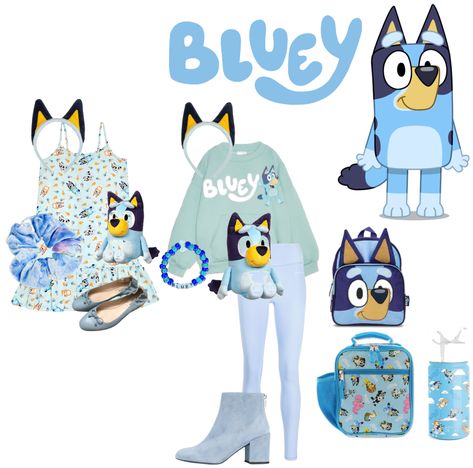 Favourite character: Bluey🩵💙 outfit ideas | Light Blue Leggings, Blue High Heels, Kids Water Bottle, Blue Leggings, Periwinkle Blue, Outfit Shoplook, Girl Backpacks, Kids Backpacks, High Heel Boots