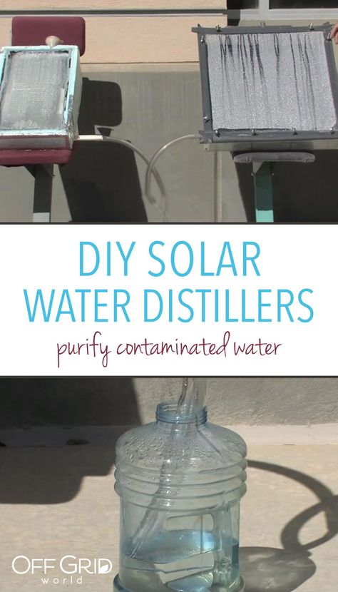 DIY solar water distillers purify contaminated water Solar Still Water Purification, Diy Water Distiller, Diy Water Purification System, Water Purification Diy, Solar Water Distiller, Solar Still, Water Distiller, Water Survival, Contaminated Water