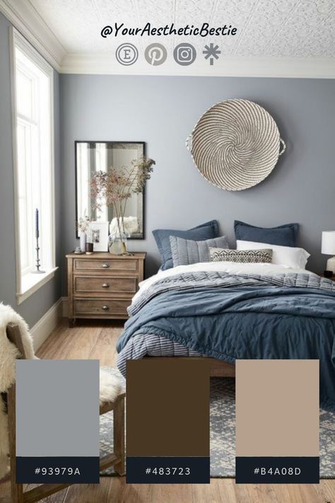 Blue Brown Room, Blue And Brown Aesthetic, Blue And Grey Bedroom Ideas, Color Palette Bedroom, Blue And Grey Bedroom, 3 Color Palette, Grey Bedroom Ideas, Blue Gray Bedroom, Idea Bedroom