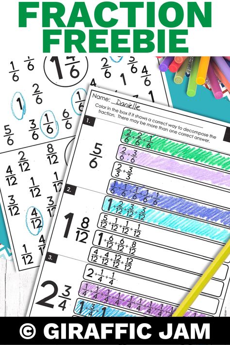 These 4th Grade decomposing fraction free worksheets are no prep and include a full answer key! Simply print, copy and go! These are perfect for students to practice 4.NF.3 - decomposing fractions. The fraction printables are easy to use! If you need fraction homework, fraction morning work, or fraction independent work this fraction freebie is just what your 4th grade classroom needs. #GirafficJam #Fractions #4thGradeFractions #DecomposingFractions #fractionfreebie Fraction Activity, Decomposing Fractions, 4th Grade Fractions, Division Activities, Teaching Fractions, Fraction Activities, Kids Homework, Math Assessment, Elementary School Classroom