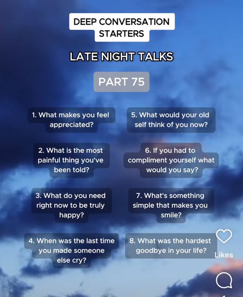 Late Night Questions To Ask, Convo Starters With Boyfriend, Late Night Questions, Late Night Talks Questions, Talking Stage Questions, Deep Talk Questions, Good Convo Starters, Good Truth Questions, Convo Starters