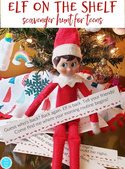 elf on the shelf, scavenger hunt, printables, christmas Elf On The Shelf Arrival Ideas For Older Kids, Welcome Back Elf For Older Kids, Elf Scavenger Hunt Ideas, Elf On The Shelf Ideas With Coal, Elf On The Shelf For Older Kids Ideas, Older Kids Elf On The Shelf Ideas, Elf On The Shelf Scavenger Hunt For Kids, Elf On Shelf For Teenagers, Elf On Shelf Scavenger Hunt