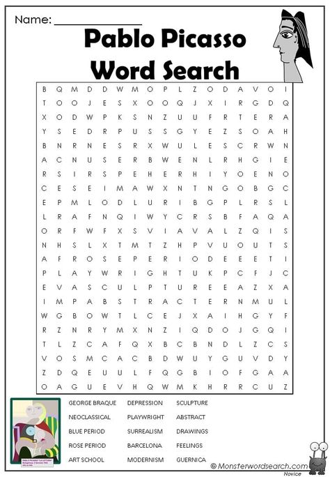 cool Pablo Picasso Word Search Picasso Activities For Kids, Picasso Worksheet, Large Print Word Searches For Seniors, Picasso Art Projects For Middle School, Pablo Picasso Elementary Art, Summer School Activities, Art Analysis, Free Printable Word Searches, Pablo Picasso Art