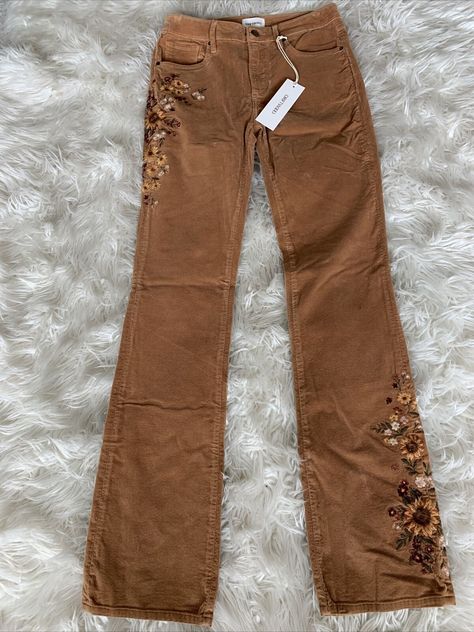 New Driftwood Tan Kelly “Falling Sunflower” skinny straight/bootcut corduroy pants with rich, intricate floral embroidery. Comfortable fit, soft, lightweight with a good amount of stretch. Very unique and hard to find. 98% cotton 2% spandex. Waist laying for is 29” Inseam is 33”!Leg openings are 16”!Rise is 9.5” Please check out my eBay store for more unique Driftwood denim as well as more womens one of a kind fashion at great prices! :) Brown Fall Pants, Long Pants For Women, Styling Brown Corduroy Pants, Fairy Core Pants, Vintage Brown Jeans, 70s Bottoms, Cottage Core Pants, Tan Pants Women, Cute Brown Pants