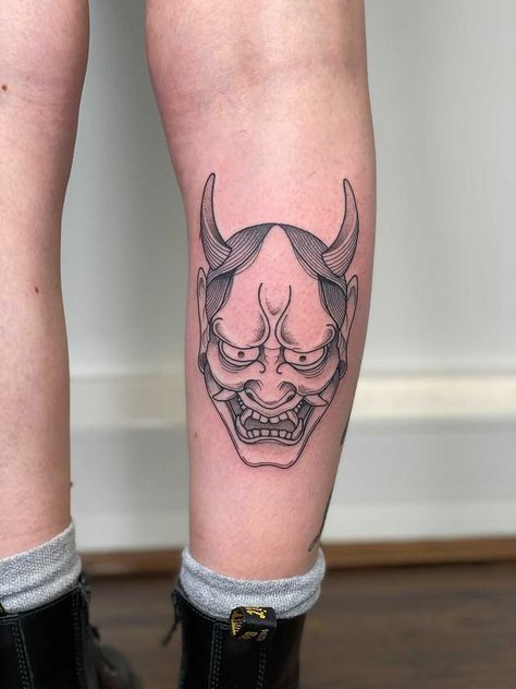 Oni Mask Small Tattoo, Oni Mask Tattoo Design Ideas Simple, Simple Oni Mask Tattoo, Mask Tattoos, Matching Bff Tattoos, Rib Tattoos For Guys, Oni Mask Tattoo, Oni Tattoo, Hannya Mask Tattoo