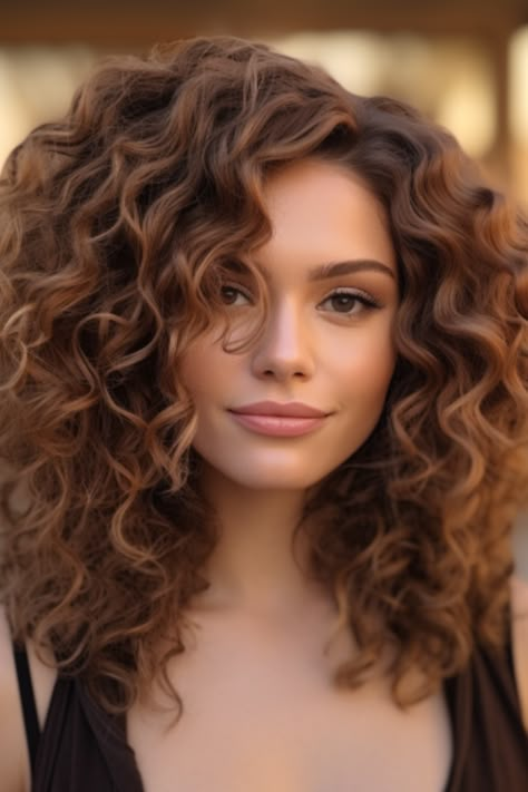 If you’re into adding a touch of whimsy to your hairstyle consider going for boho-chic layered curls. Especially great for haired individuals this style adds depth and dimension through layers while maintaining your natural curl pattern with the help of protective sprays. Click here to check out more cute and fun shoulder-length haircuts and hairstyles. Dark Curly Hair With Bangs, Curly Hairstyles Color Ideas, Curly Shoulder Length Hair With Layers, Naturally Curly Shoulder Length Hair, Curly Mid Length Hair, Curly Layered Haircuts, Mid Length Curly Haircuts, Shoulder Length Curly Hair Cuts, Curly Lob Haircut