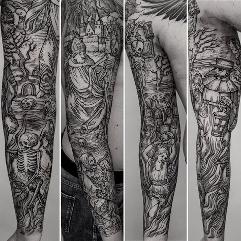 Mens Leg Sleeve Ideas, Woodcut Sleeve Tattoo, Gothic Cathedral Tattoo Sleeve, Etched Tattoo Style, Engraving Tattoo Sleeve, Futuristic Tattoo Design, Male Half Sleeve Tattoo Ideas, Unique Sleeve Tattoos Men, Cryptid Tattoo Sleeve