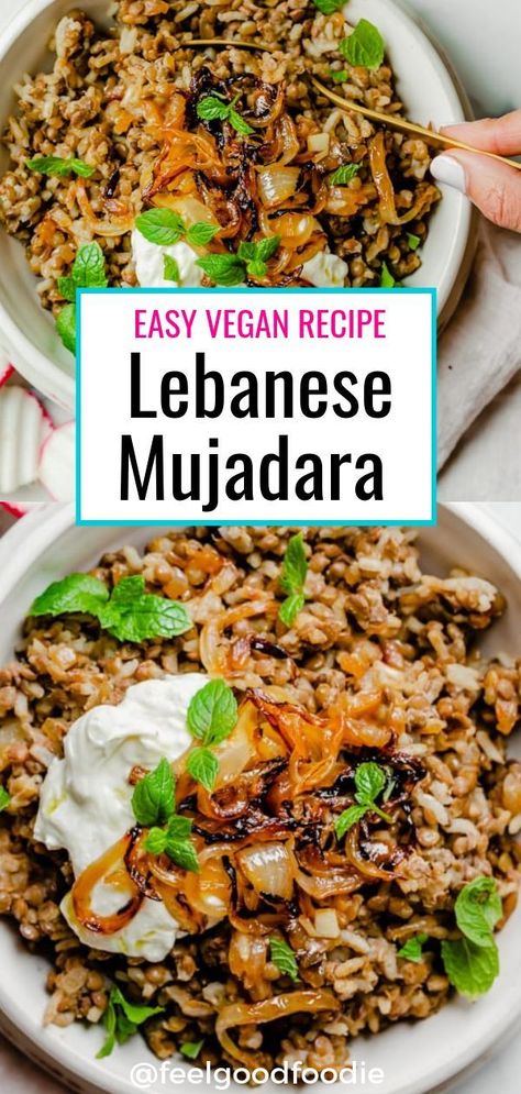 Mujadara is a traditional Middle Eastern recipe that's made with three ingredients: lentils, rice and onions. It's inexpensive to make, delicious & nutritious | Lebanese Food | Arabic recipes | Vegan | Vegetarian | #mujadara #lebanesefood #arabicfood #simplerecipes #dinnerideas Lebanese Lentils And Rice Recipe, Lentils And Rice Recipe, Lebanese Lentils, Food Arabic, Middle Eastern Recipes Arabic Food, Mujadara Recipe, Eastern Recipe, Arabisk Mad, Lentils Rice