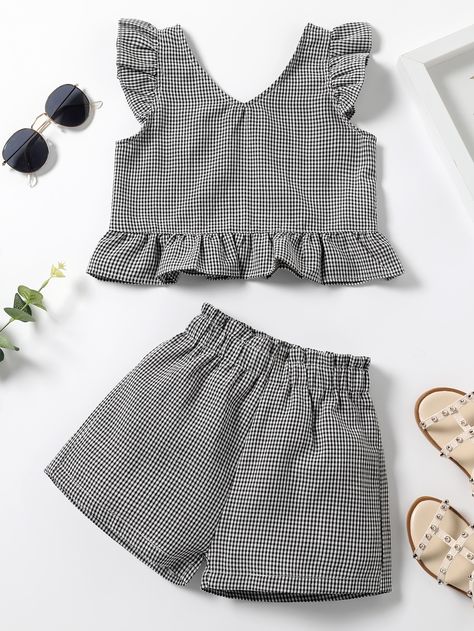 Black and White Cute  Sleeveless  Gingham  Embellished Non-Stretch Summer Toddler Girls Clothing Kids Summer Clothes, Baby Frock Pattern, Ruffle Trim Top, Kids Dress Patterns, Kids Dress Wear