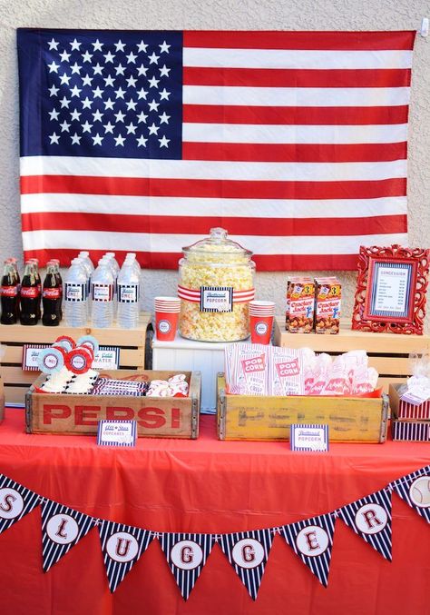 Concession Themed Food, Concessions Food Ideas, Concession Stand Party Ideas, American Themed Party, Baseball Theme Birthday, Baseball Theme Party, Usa Party, American Party, Baseball Birthday Party