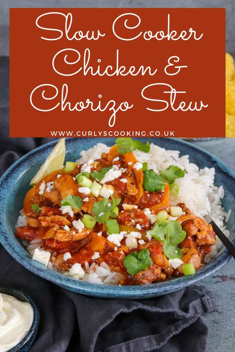 Chicken and chorizo in a rich tomato sauce with a subtle warmth. This Slow Cooker Chicken & Chorizo Stew is perfect for a cold winter night served with rice or tortillas and salad and a dollop of soured cream. Chirozo Recipes, Slow Cooker Recipes Uk, Chicken Chorizo Stew, Chorizo Chicken, Chorizo Stew, Slower Cooker, Chicken And Chorizo, Slow Cooker Curry, Chicken Chorizo