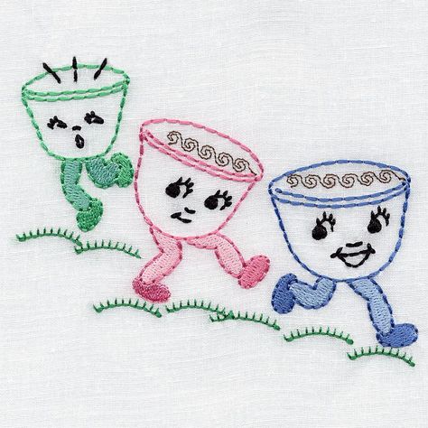 Animated Dishes Motifs | OregonPatchWorks Ideas Embroidery, Lazy Daisy Stitch, Embroidery Transfers, Embroidery Patterns Vintage, Learn Embroidery, Hot Iron, Embroidery Library, Embroidery For Beginners, Needlepoint Canvases