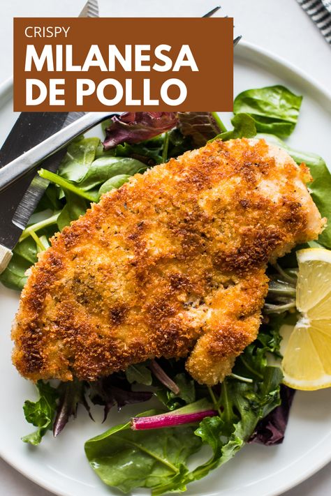 looking down at a piece of crispy milanesa de pollo on a bed of greens with a lemon wedge on the side. Mexican Milanesa, Milanese Recipe, Isabel Eats, Chicken Milanese, Breaded Chicken Cutlets, Mexican Chicken Recipes, Mexican Dinner Recipes, Mexican Food Recipes Easy, Chicken Cutlets