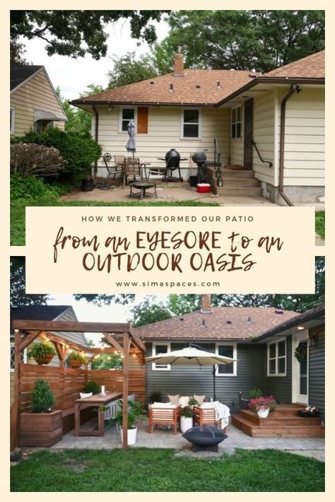 Patio Against Garage Wall, Backyard High Deck Ideas, Expand Patio With Pavers, Small Patio Renovation, Diy Backyard Renovation, Patio Updates On A Budget, Small Diy Patio, Small Backyard Transformation, Outdoor Oasis Backyard