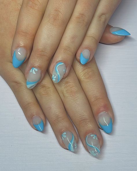 Almond, Baby Blue, French Tip, Waves, Flowers - Summer Nails Baby Blue French Tip, White Oval Nails, Wave Nail Design, Light Blue Nail Designs, Blue French Tip, Almond Flower, Wave Nails, Beachy Nails, Blue French Tips