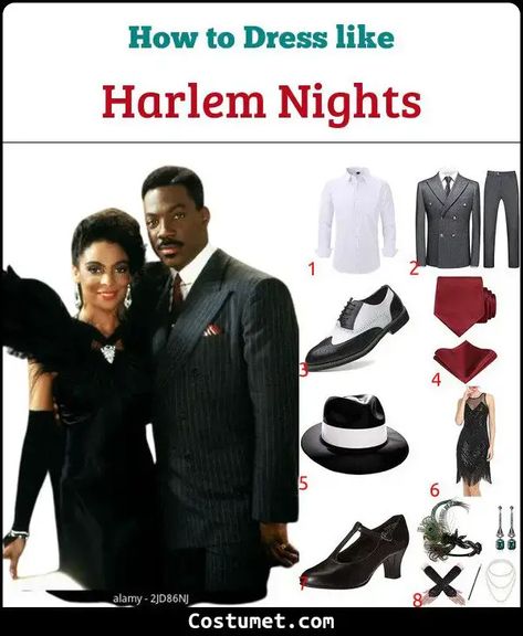 Harlem Nights Costume for Cosplay & Halloween 2023 Harlem Nights Attire Men, Harlem Nights Outfits Black Women, Harlem Nights Theme Party Fashion Outfit, Harlem Nights Theme Party Outfit, Harlem Nights Costumes, Harlem Nights Attire, Black And White Oxford Shoes, Harlem Nights Outfits, Harlem Nights Movie