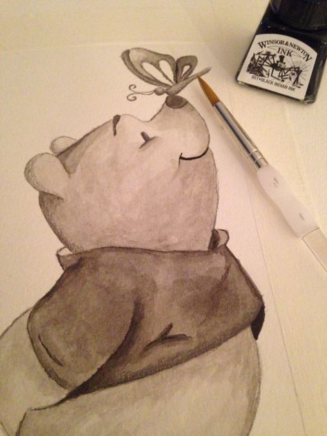 Winnie the Pooh in drawing ink and pencil Pooh Bebe, Winnie The Pooh Drawing, Optical Illusion Drawing, Illusion Drawings, Coffee Painting, Drawing Ink, Drawing Inspo, Pen Drawing, Art Class