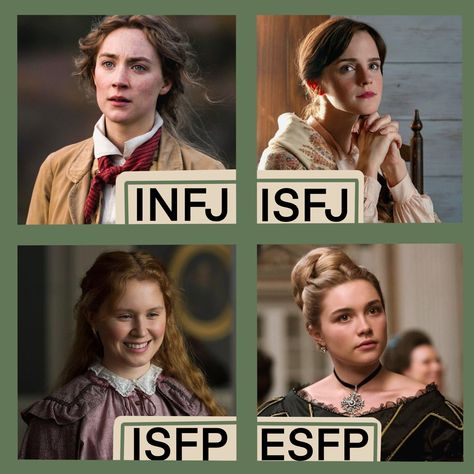 #littlewomen #jomarch #amymarch #megmarch #bethmarch #emmawatason #louisamayalcott #personality #myersbriggs #myersbriggstest #infj #isfj #isfp #esfp #littlewomen2019 Isfp Characters In Movies, Infj Movie Characters, Isfj Style, Isfj Aesthetic Vibe, Infj Characters In Movies, Isfj Female, Esfp Characters, Isfj Characters, Infj Esfp