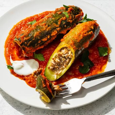 Kousa Mihshi (Lebanese Stuffed Squash) | Cook's Illustrated Recipe Lamb And Rice, Zucchini Stuffed, Cooks Illustrated Recipes, Spiced Lamb, Stuffed Squash, Donut Toppings, Illustrated Recipe, Spiced Rice, Stuffed Zucchini