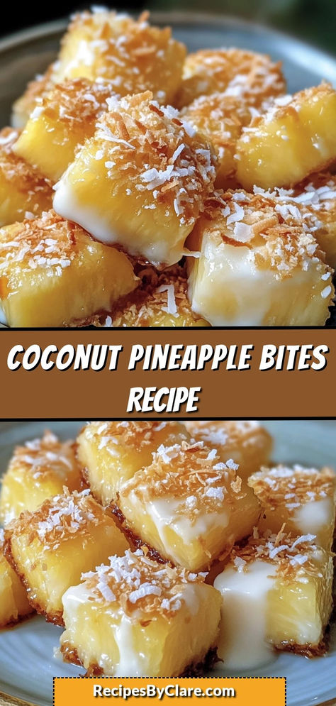 These Golden Coconut Pineapple Bites are crispy, sweet, and perfect for summer! Coated in shredded coconut and drizzled with a creamy coconut glaze, they're the ultimate tropical snack. 🍍🥥

Ingredients:

2 large eggs, beaten
¼ cup sweetened condensed milk
¼ cup toasted coconut flakes
Serve warm and enjoy the perfect blend of pineapple and coconut flavors! Pineapple Snacks, Tropical Snacks, Coconut Glaze, Coconut Bites, Pineapple And Coconut, Sweet Treats Recipes, Dessert Ingredients, Crushed Pineapple, Toasted Coconut