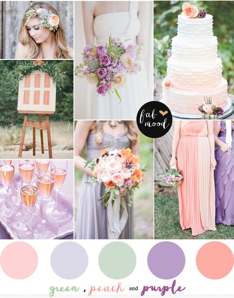 Purple green and peach wedding | http://www.fabmood.com/purple-green-and-peach-wedding/ Green And Peach Wedding, Purple Bridesmaid Bouquets, Wedding Color Scheme, Purple Wedding Cakes, Wedding Colors Purple, Lilac Wedding, Purple Bridesmaids, Wedding Palette, Theme Color