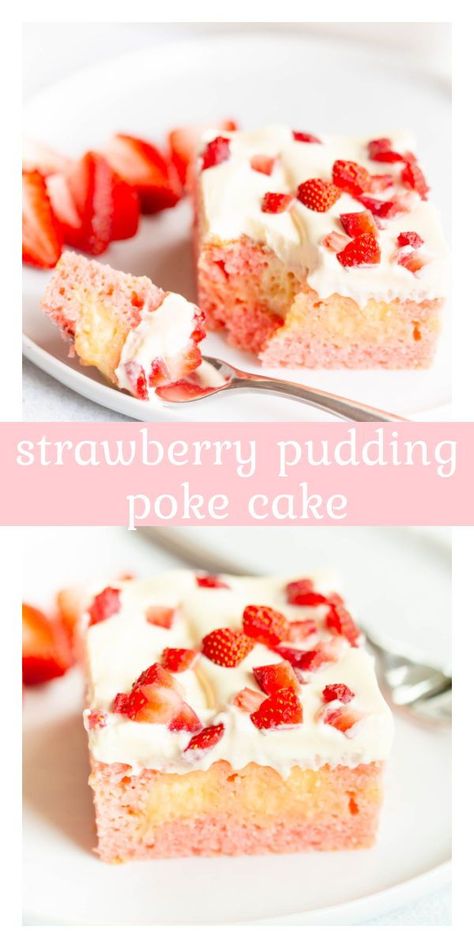 Vanilla Poke Cake Recipes, Vanilla Poke Cake, Pudding Icing, Easter Main Dishes, Pudding And Cool Whip, Strawberry Poke Cake, Best Easter Recipes, Strawberry Poke Cakes, Pudding Poke Cake