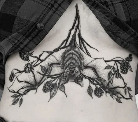 Bat On Stomach Tattoo, Beautiful Gothic Tattoos, Bat Tattoo Skeleton, Gothic Tattoo Ideas Beautiful, Bat Torso Tattoo, Back Tattoo Women Goth, Underbust Bat Tattoo, Sternum Bat Tattoo Women, Upside Down Bat Tattoo Sternum