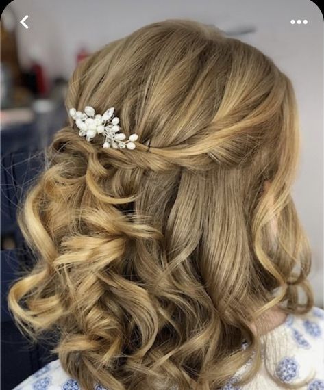 Fancy Mid Length Hairstyles, Bridal Hair Half Up Half Down Mid Length, Lob Hairdos Half Up, Wedding Hairstyles For Mid Length Hair Half Up Half Down, Ball Hairstyles Shoulder Length, Mid Length Hair Curls Wedding, Mother Of The Bride Hair Styles For Shoulder Length Hair, Half Up Half Down Shorter Hair, Bridal Hairstyles Half Up Half Down Short Hair