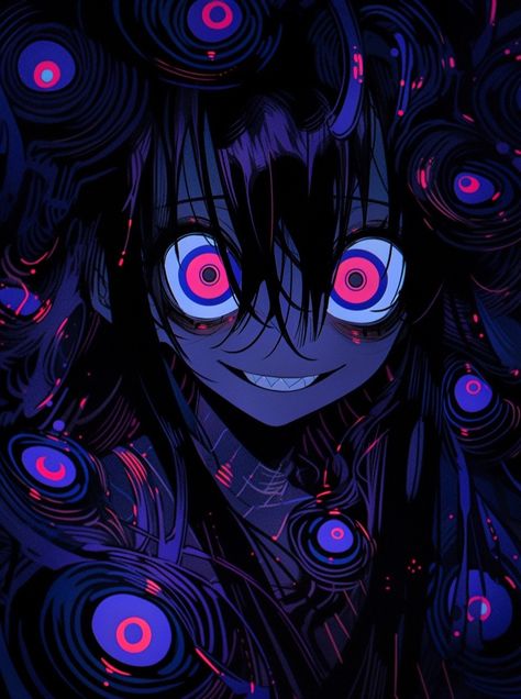 Anime Hypnotized Eyes, Trippy Anime Art, Psychodelic Anime Art, Cute Scary Art, Hypno Eyes, Scary Eyes, Dark Art Illustrations, Scary Art, Creepy Art