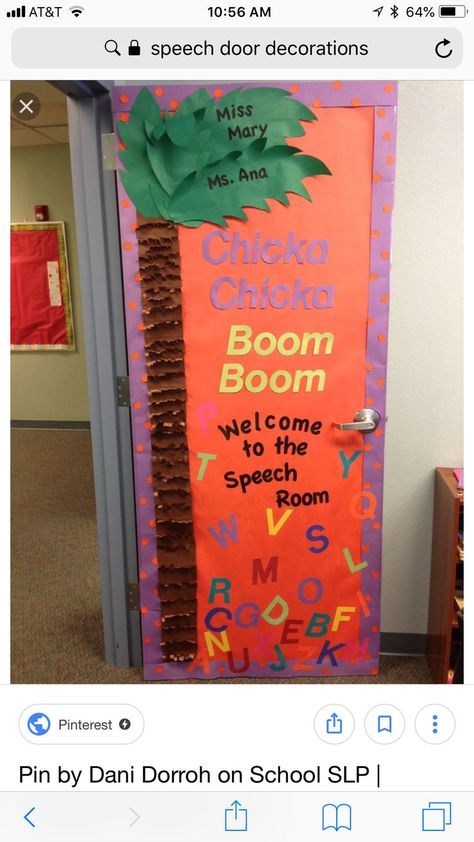 Bulletin Board Ideas Speech Therapy, Speech Classroom Decor, Slp Classroom, Speech Bulletin Boards, Speech Classroom, Teacher Door, School Speech Therapy, Speech Therapy Games, Slp Activities