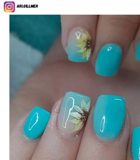 Short Nail Designs With Sunflowers, Sunflower Nail Art Short, Daisy Gel Nail Designs, Acrylic Nail Designs Sunflower, Short Acrylic Summer Nails Designs, Teal And Sunflower Nails, Fun Summer Nails Short Gel, Wedding Nails With Sunflowers, Sunflowers On Nails