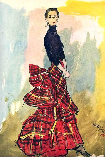 #Schiaparelli design illustrated by Eric, Vogue 1948 Tartan Fashion, Etiquette Vintage, Fashion Illustration Vintage, Elsa Schiaparelli, Art Et Illustration, Fashion Art Illustration, Moda Vintage, Vogue Fashion, Skirt Design