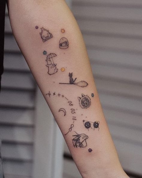 Studio Ghibli Finger Tattoos, Subtle Anime Tattoo Ideas, Studio Ghibli Art Tattoo, Ghibli Aesthetic Tattoo, Anime Inspired Tattoos Studio Ghibli, Anime Inspo Tattoo, Anime Love Tattoo, Studio Ghibli Tattoos Small Minimalist, Studio Ghibli Tattoo Sleeve Arm