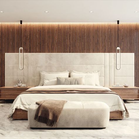 Bedroom 3D visualization with dark wood planked wall behind the bed. Wood Plank Walls, Plank Walls, 3d Visualization, Wood Planks, Dark Wood, Bedroom, Bed, Wood, Wall